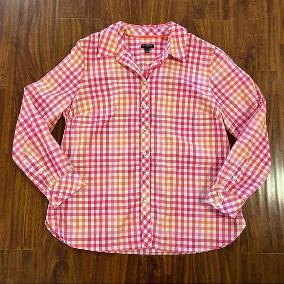 Talbots Button Up Shirt Pink Orange Gingham Check Long Sleeve Size Petite Large - Picture 2 of 10